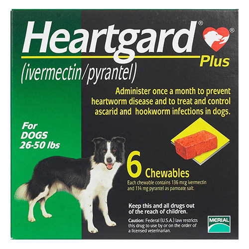 Heartgard Plus Chewables For Medium Dogs 26-50lbs (Green) 6 Doses